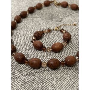 Swarovski Crystal Wood Bead 24"Necklace And 7" Bracelet Gold Color Accent‎